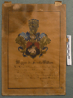 Historischer Wappenbrief mit stark vergilbten Papier und braunem Fleck